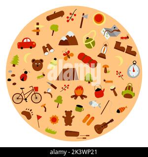 Vector flaches Set von Wander- und Campingelementen Berge, Zelt, Auto, Fahrrad, Angelrute, Kompass, Taschenlampe, Lagerfeuer, Boot. Vektor-Konzept in Cartoon Stock Vektor