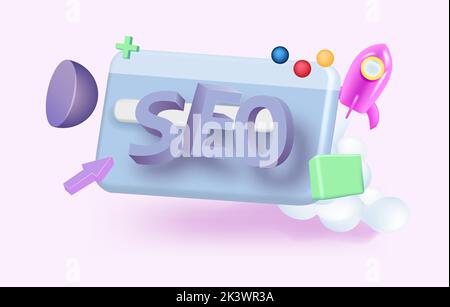 3D SEO-Optimierung mit Rakete für Marketing Social Media Konzept. 3 Stock Vektor