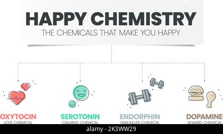 Happy Chemistry Infografik hat 4 Arten von chemischen Hormonen wie Oxytocin (Love), Serotonin (Calming), Dopamin (Reward) und Endorphin (Pain Kille Stock Vektor