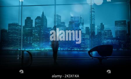 Roboter im Büro auf dem Hintergrund der Nachtstadt, 3D Render. Stockfoto