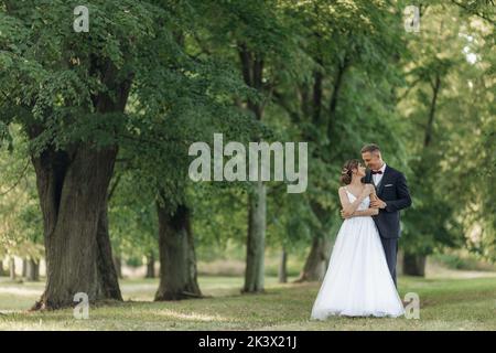 Portrait eines lächelnden Brautpaares steht im Sommer auf grünem Gras im Park. Junge schöne Braut, die jungen Mann ansieht. Stockfoto