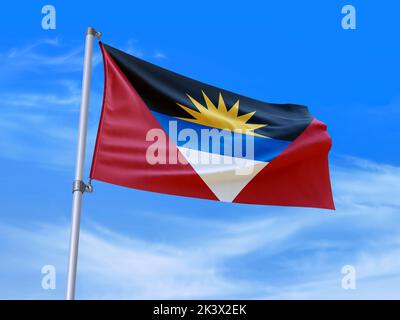 Wunderschöne Antigua und Barbuda Flagge winkt im Wind mit Himmel Hintergrund - 3D Abbildung - 3D Rendering Stockfoto