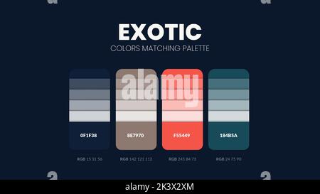 Exotisches Farbkonzept. Farbtrends-Kombinationen und Palettenübersicht. Beispiel für Tabellenfarbtöne in RGB und HEX. Farbmuster für Mode, Zuhause, Interi Stock Vektor