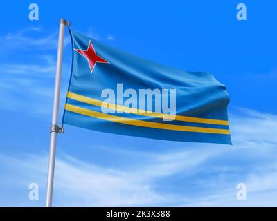 Wunderschöne Aruba Flagge winkt im Wind mit Himmel Hintergrund - 3D Abbildung - 3D Rendering Stockfoto