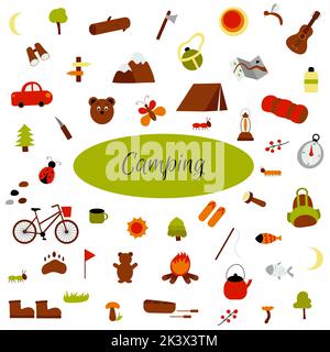 Vector flaches Set von Wander- und Campingelementen Berge, Zelt, Auto, Fahrrad, Angelrute, Kompass, Taschenlampe, Lagerfeuer, Boot. Vector Kollektion in carto Stock Vektor