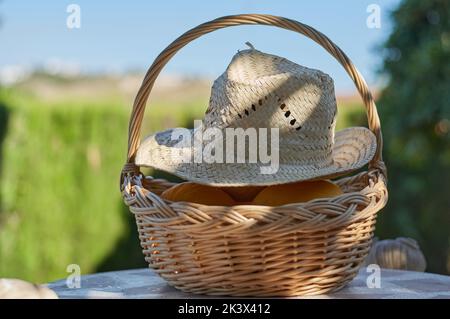 Gelbe kleine Melonen in einem Korb Stockfoto