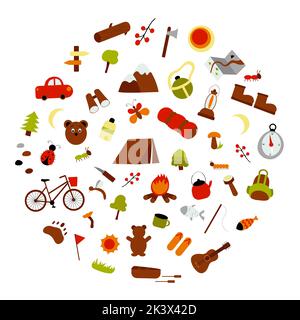 Vector flaches Set von Wander- und Campingelementen Berge, Zelt, Auto, Fahrrad, Angelrute, Kompass, Taschenlampe, Lagerfeuer, Boot. Vektor-Konzept in Cartoon Stock Vektor