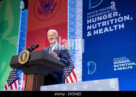 Washington, Usa. 28. September 2022. US-Präsident Joe Biden hält Bemerkungen bei der ersten Konferenz des Weißen Hauses über Hunger, Ernährung und Gesundheit im Ronald Reagan Building, 28. September 2022, in Washington, DC Quelle: Adam Schultz/White House Photo/Alamy Live News Stockfoto