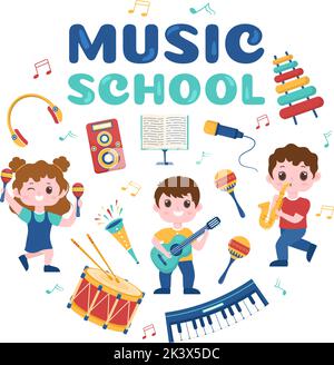 Musik Schule Vorlage in Hand gezeichnet Cartoon flache Illustration Spielen verschiedene Musikinstrumente, Lernen Bildung Musiker und Sänger Stock Vektor