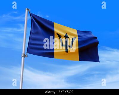 Wunderschöne Barbados Flagge winkt im Wind mit Himmelshintergrund - 3D Abbildung - 3D Rendering Stockfoto