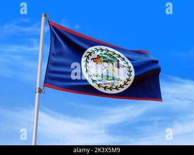 Schöne Belize Flagge winkt im Wind mit Himmel Hintergrund - 3D Abbildung - 3D Rendering Stockfoto