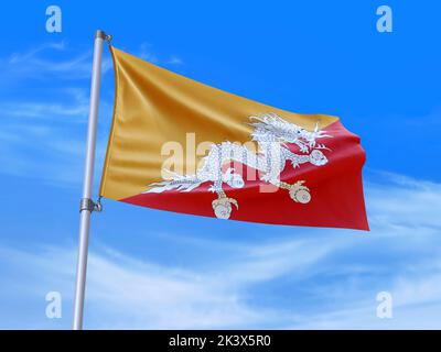 Schöne Bhutan Flagge winkt im Wind mit Himmel Hintergrund - 3D Abbildung - 3D rendern Stockfoto