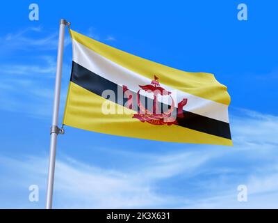 Schöne Brunei Flagge winkt im Wind mit Himmel Hintergrund - 3D Abbildung - 3D Rendering Stockfoto