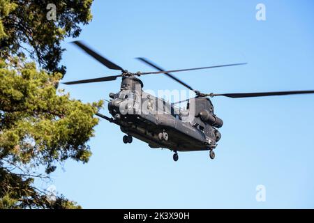 Anlässlich des 61.. Jahrestages der 5. Special Forces Group (Airborne) nahmen Soldaten am jährlichen Wassersprung während der Reunion Week im Paris Landing State Park, TN, Teil. Der Tag fand am 24. September 2022 statt. (USA Foto der Armee von Staff Sgt. Frances Ariele Gonzalez.) Stockfoto