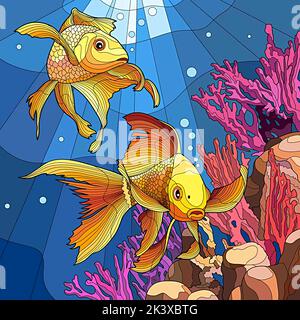 Bild von zwei Goldfischen und Pflanzen unter Wasser Stockfoto