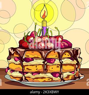 Foto von Geburtstagskuchen mit Beeren und Kerzen darauf Stockfoto