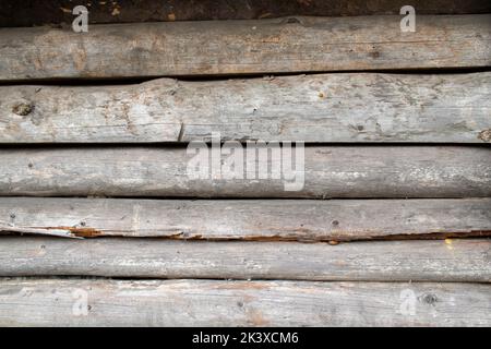 Ein Teil einer Holzwand aus Baumstämmen in Brauntönen Stockfoto