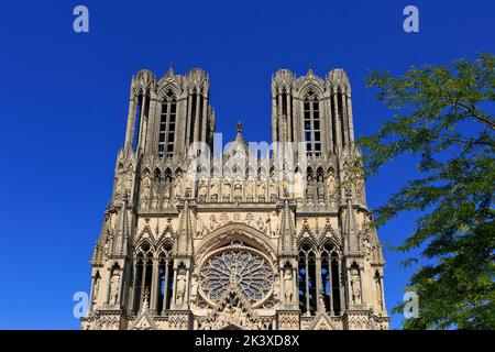 Fassade der Kathedrale von Reims (UNESCO-Weltkulturerbe) in Reims (Marne), Frankreich Stockfoto