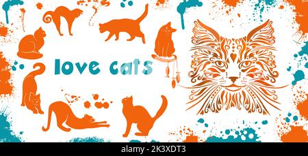 Design für einen Becher. Ich liebe Katzen. Vektorgrafik Stock Vektor