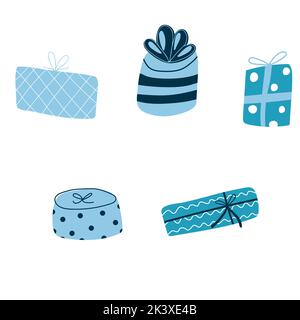Set von niedlichen Geschenkboxen in blauen und weißen Farben. Vektor-Illustration in Cartoon flach kindisch Stil für Kinder Karte, Produktdesign, Textil Stock Vektor
