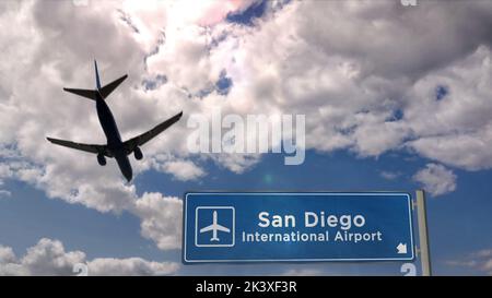 Flugzeug Silhouette Landung in San Diego, Kalifornien, USA. Ankunft in der Stadt mit dem internationalen Flughafen Richtung Schild und blauem Himmel. Reisen, Reisen und Stockfoto