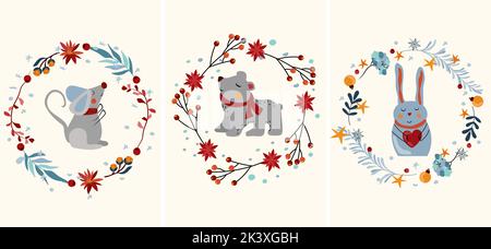 Weihnachtliche Grenze mit witziger Maus im Schal, niedlichem Kaninchen mit Herz, Eisbär. Winterkompositionen mit Tieren im Weihnachtskranz. Perfekt für Grußkarten, Poster, Postkarten. Vektor Stock Vektor