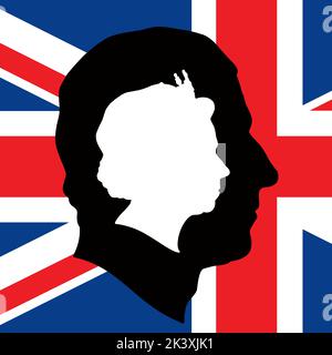 Charles III und Elizabeth II Porträt-Profil Silhouette auf der britischen Flagge, Vektor-Illustration Stock Vektor
