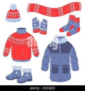 Set von warmen Winterkleidung. Symbole für Werbung und Marketing. Stock Vektor