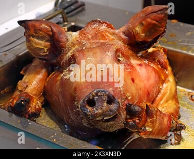 Schweinebraten, Wildschweinkopf, in einem Schweineladen-Café, Oink, 34 Victoria Street, Edinburgh, Schottland, UK, EH1 2JW Stockfoto