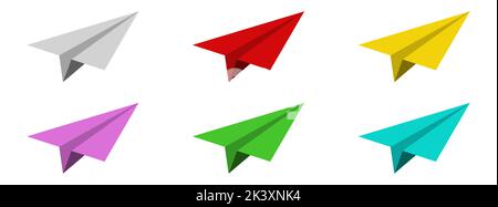 Symbol für die Papierebene. Buntes Flugzeug-Symbol auf weißem Hintergrund. Satz von Papierflugzeugen. Vektorgrafik. Reisekonzept Stock Vektor