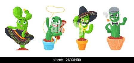 Niedliche Kaktus Vektor-Illustration. Cartoon Garten Blume Pflanze Set. Glücklich lustige kawaii Sukkulenten Charakter isoliert auf weißem Hintergrund. Doodle flowerpo Stock Vektor