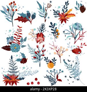 Set von Weihnachtsstrauß mit bunten Blättern, Rose, Weihnachtsstern, roter Beere, Kieferkegel und andere. Winterkompositionen für Grußkarten, Poster, Postkarte, Banner. Vektor. Stock Vektor