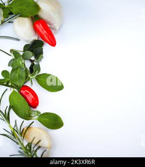 Alles, was Sie brauchen, um eine Mahlzeit zu beleben. Nahaufnahme einer Vielzahl von Kräutern und Gewürzen. Stockfoto