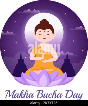 Happy Makha Bucha Day Template Handgezeichneter Cartoon flache Illustration Buddha sitzt in Lotusblume unter Bodhi Baum in der Nacht von Mönch umgeben Stock Vektor