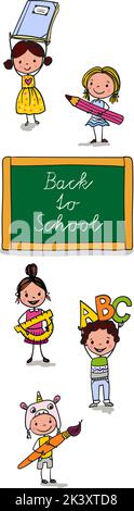 Zurück in die Schule - niedliche Jungen und Mädchen mit Linealen, Bleistiften, Bürsten und ABC - aufgeregt, wieder in die Schule zu gehen - bunte handgezeichnete Karikatur. Geeignet für Stock Vektor