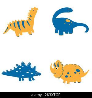 Funny dinosaur set in cartoon flat style. Vector illustration with cute baby characters for kids design, card, textile, table games Stock Vektor