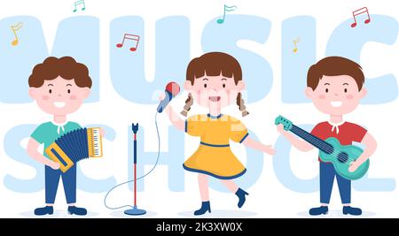Musik Schule Vorlage in Hand gezeichnet Cartoon flache Illustration Spielen verschiedene Musikinstrumente, Lernen Bildung Musiker und Sänger Stock Vektor