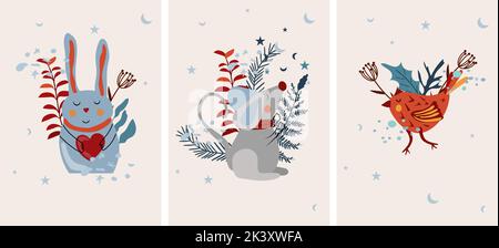 Weihnachtsumrandung mit Maus im Schal, niedliches Kaninchen mit Herz, Wintervögel, Blumen, bunte Blätter, Sterne um. Winterkompositionen. Perfekt für Grußkarten, Poster, Postkarten, Banner. Stock Vektor