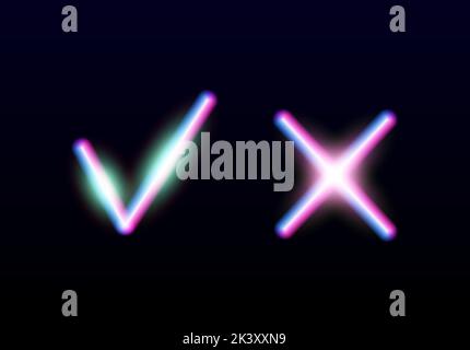 Neon leuchtet ja und keine Checkmarks. Glänzende Check- und Kreuzschilder. Stimmen Sie die leuchtenden Symbole ab, und lehnen Sie sie ab. X- und V-Embleme. Stock Vektor