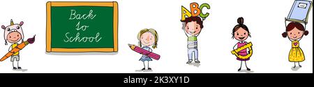 Zurück in die Schule - niedliche Jungen und Mädchen mit Linealen, Bleistiften, Bürsten und ABC - aufgeregt, wieder in die Schule zu gehen - bunte handgezeichnete Karikatur. Geeignet für Stock Vektor