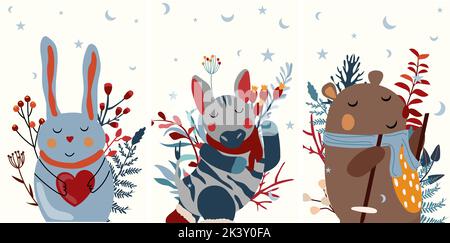 Winter Hintergrund mit niedlichen Kaninchen hält ein Herz, lustige Zebra, Bär und bunte Blätter. Wintertiere. Perfekt für Grußkarten, Poster, Postkarten, Banner. Vektor. Stock Vektor