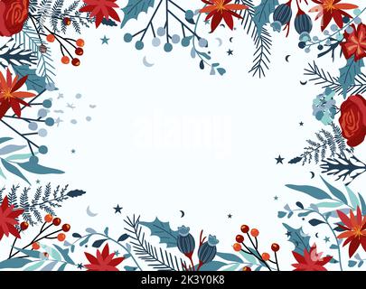 Weihnachtliche Grenze mit hellen Blumen Weihnachtsstern, Rosen, Blättern, roten Beeren, Fichtenzweig. Winter Komposition perfekt für Grußkarten, Poster, Banner. Vektor. Stock Vektor