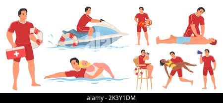 Strand Rettungsschwimmer Charakter flache Vektor-Illustration. Wasserrettungsdienst. Retter Mann bei der Arbeit Schwimmen auf dem Boot, Rettung Frau und Mann Leben, holdin Stock Vektor