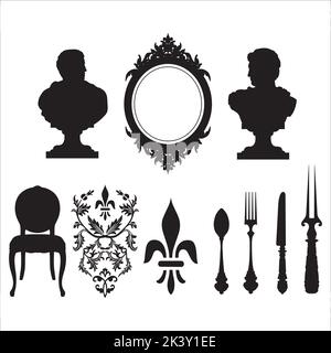 Vektor-Set Von Antiken Möbeln Schwarz-Weiß-Silhouetten Illustration Isoliert Auf Weißem Hintergrund Stock Vektor