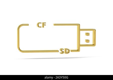 Symbol für Golden 3D USB-Kartenleser auf weißem Hintergrund isoliert - 3D Render Stockfoto