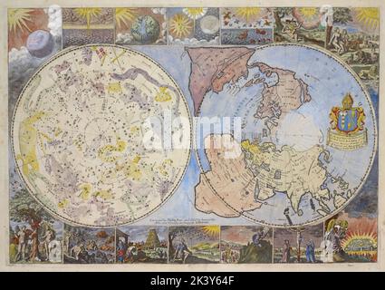 Karte des Himmels und der Erde kartografisch. Karten. 1699. Lionel Pincus und Prinzessin Firyal Map Division. Sterne, Nordhemis, Weltkarten, Sternbilder, Bibel , Geographie, nördlicher Himmel (Astronomie) Stockfoto