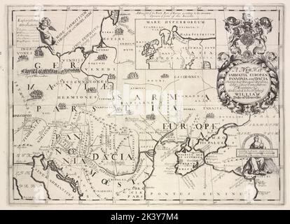 Eine neue Karte von Sarmatia Europæa, Pannonia und Dacia, die ihre Hauptbereiche, Menschen, Städte, Städte, Flüsse, Berge & c. Pannonia, Dacia und Sarmatia Europæa. Kartografisch. Karten, Atlanten. 1700. Lionel Pincus und Prinzessin Firyal Map Division. Atlanten, Britisch, Geographie, Ancient, Maps in Education , England, Maps Stockfoto