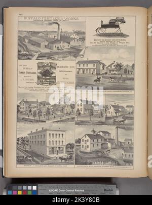 Buffalo Fertilizer Works, Babook Street, East Buffalo. ; Iron Sleigh Runners; Eisenwarengeschäft Zinn Shop und Residenz von Joseph Kronenberg, N.Y. ; Res. Von John Eshelman ; Res. Von A. G. Eshelman ; Res. Von Alex Burns, Clarence Center ; Res. Von Charles Burns, Clarence Center ; Store von J. Eshilman & Co., Dealers in General MDSe. ; Clarence Center Mills, Inhaber, Alexander Burns, Clarence Center, N.Y. kartografisch. Atlanten, Karten. 1880. Lionel Pincus und Prinzessin Firyal Map Division. Erie County (N.Y.), Immobilien , New York (Bundesstaat) , Erie County Stockfoto