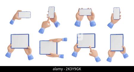 3D Render Hände halten elektronische Geräte Smartphones und Tablet-pc mit leerem Display. Mockup von Gadgets, Handy-Präsentation isoliert Illustration auf weißem Hintergrund in Cartoon-Kunststoff-Stil Stockfoto