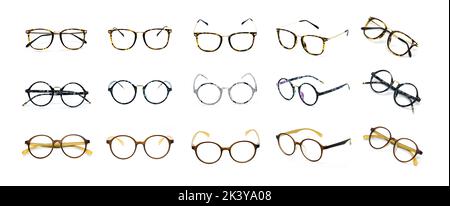 Gruppe von schönen Brillenrahmen isoliert auf weißem Hintergrund. Brillen. Kostümmode. Stockfoto